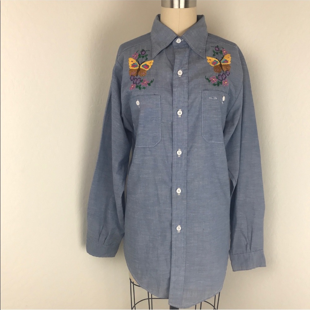 Vintage Blue Fall Theme Embroidered Button Down - Picture 2 of 4